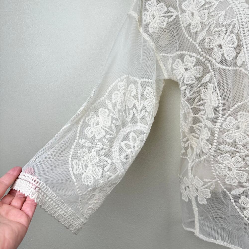 Embroidered Sheer Mesh Lace Open Cardigan Floral Cream M Cottagecore Festival - Picture 6 of 10